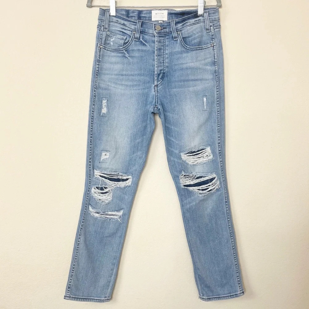 McGuire Distressed Patched Straight Leg Light Wash Jeans Button Fly